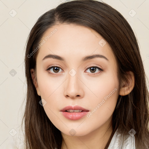 Neutral white young-adult female with long  brown hair and brown eyes