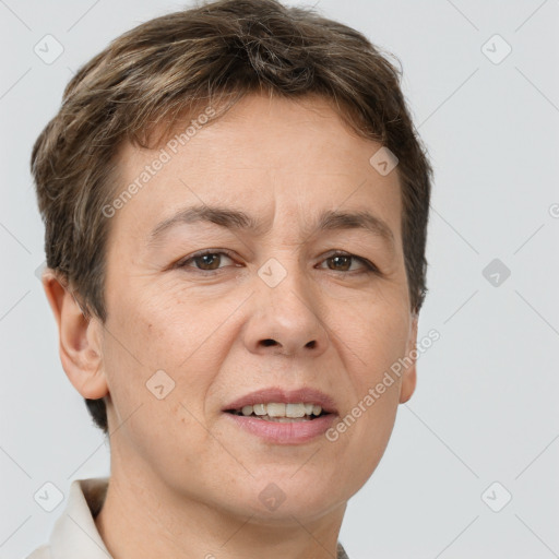 Joyful white adult female with short  brown hair and brown eyes