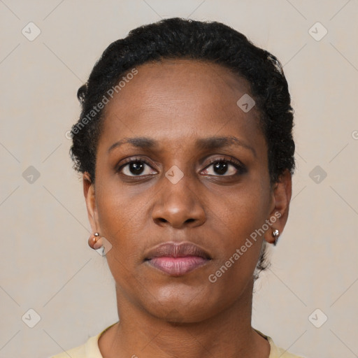 Neutral black young-adult female with short  black hair and brown eyes