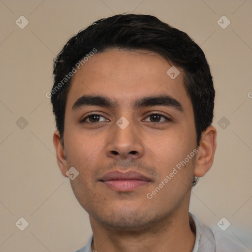 Neutral latino young-adult male with short  black hair and brown eyes