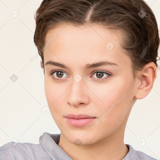 Neutral white young-adult female with short  brown hair and brown eyes