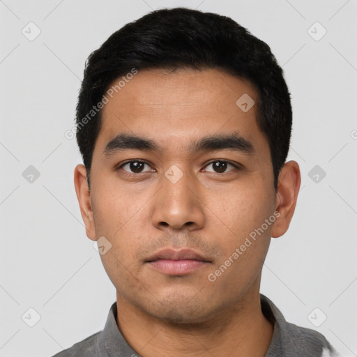 Neutral asian young-adult male with short  black hair and brown eyes