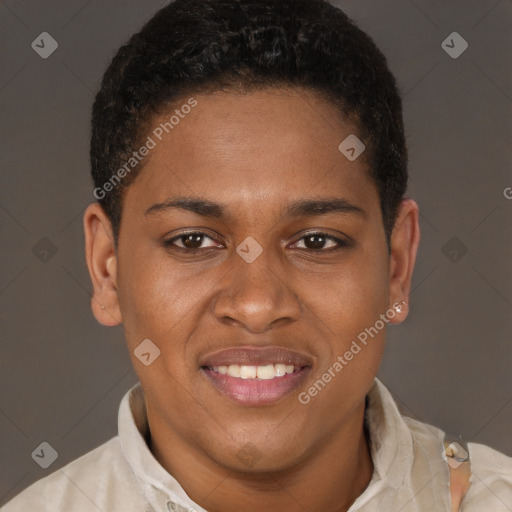 Joyful latino young-adult male with short  brown hair and brown eyes