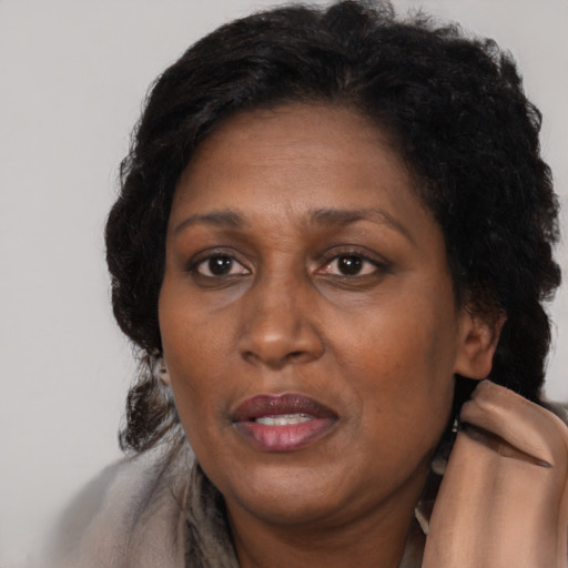 Joyful black adult female with long  brown hair and brown eyes
