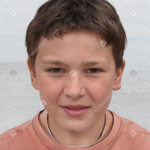 Joyful white child male with short  brown hair and grey eyes