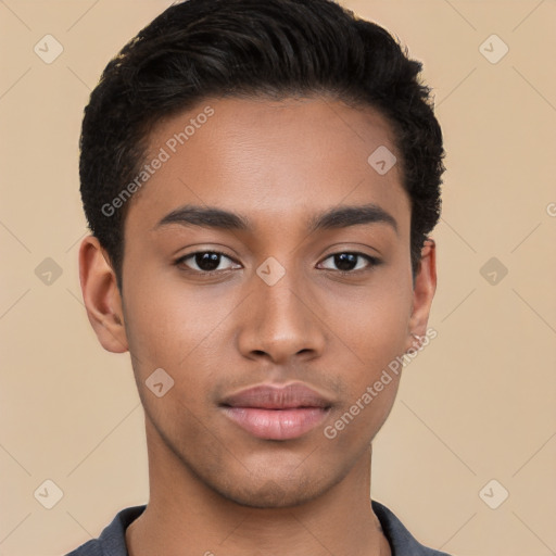 Neutral latino young-adult male with short  black hair and brown eyes