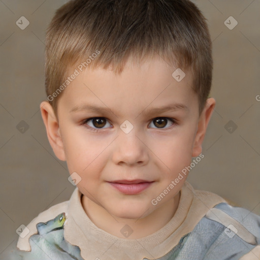 Joyful white child male with short  brown hair and brown eyes