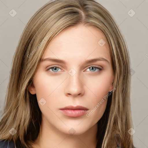 Neutral white young-adult female with long  brown hair and grey eyes