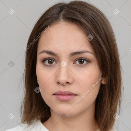 Neutral white young-adult female with medium  brown hair and brown eyes