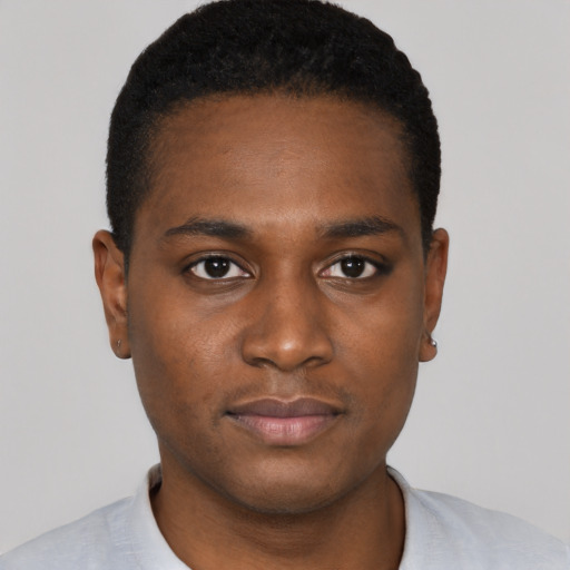Neutral black young-adult male with short  black hair and brown eyes