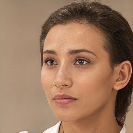 Neutral white young-adult female with medium  brown hair and brown eyes