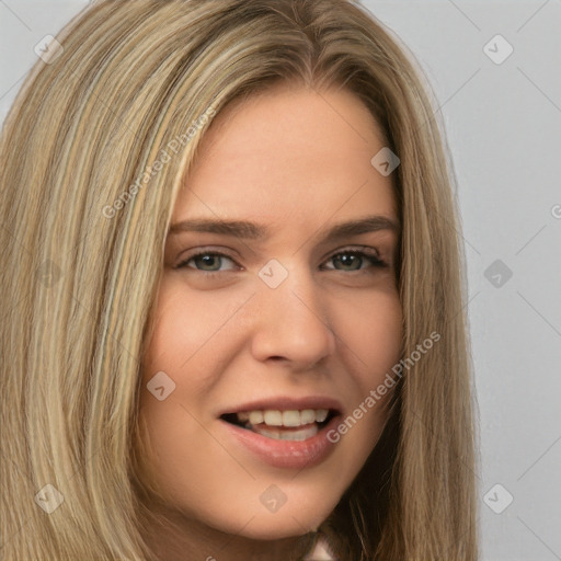 Joyful white young-adult female with long  brown hair and brown eyes