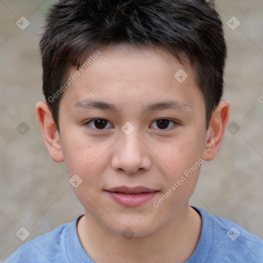 Joyful white child male with short  brown hair and brown eyes