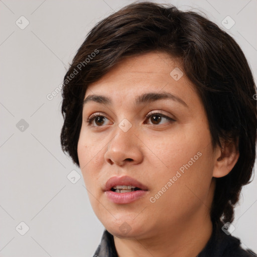 Neutral white young-adult female with medium  brown hair and brown eyes