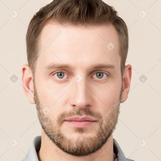 Neutral white young-adult male with short  brown hair and grey eyes