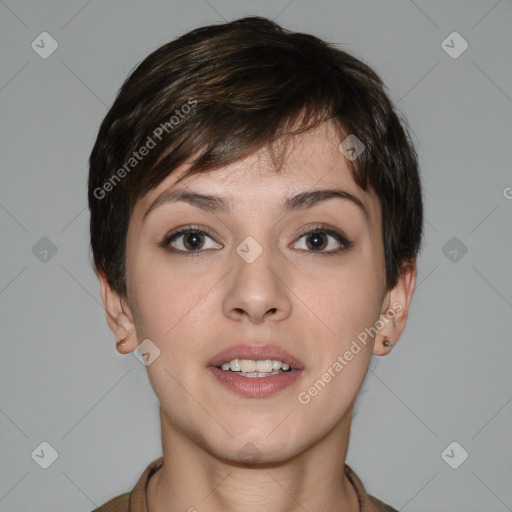 Joyful white young-adult female with short  brown hair and brown eyes