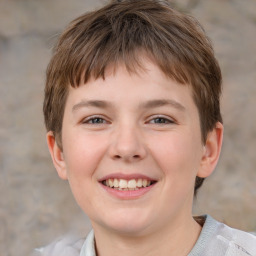 Joyful white child female with short  brown hair and brown eyes