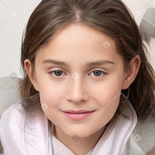 Joyful white child female with medium  brown hair and brown eyes