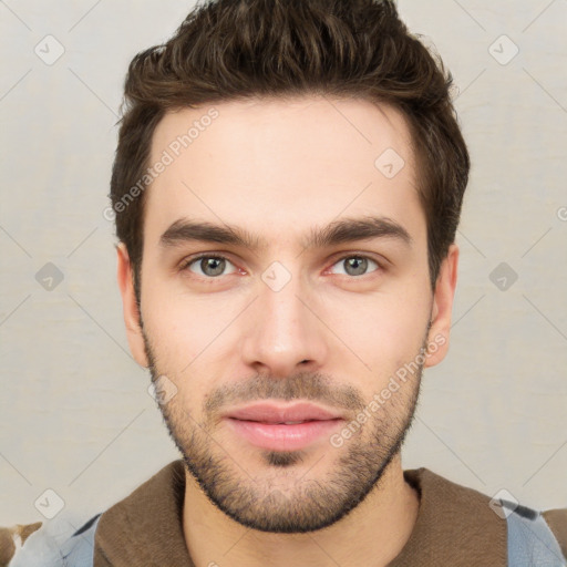 Neutral white young-adult male with short  brown hair and brown eyes