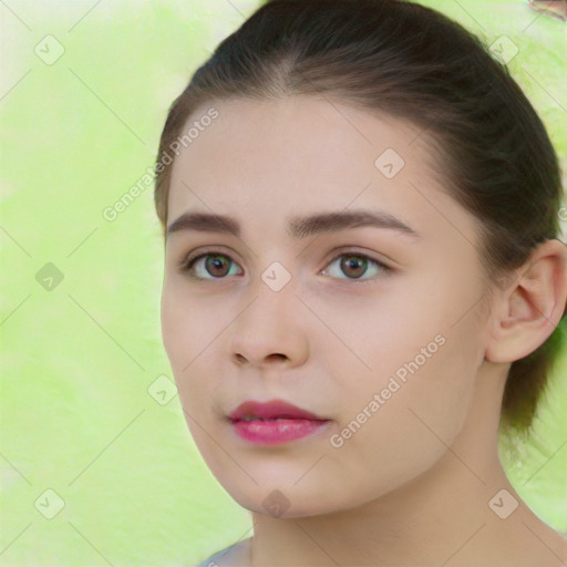 Neutral white young-adult female with medium  brown hair and brown eyes