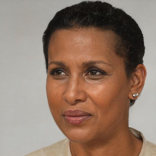 Joyful black adult female with short  brown hair and brown eyes
