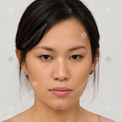 Neutral asian young-adult female with medium  brown hair and brown eyes