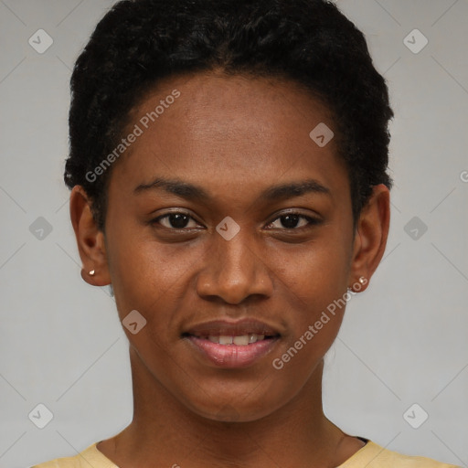 Joyful black young-adult female with short  brown hair and brown eyes