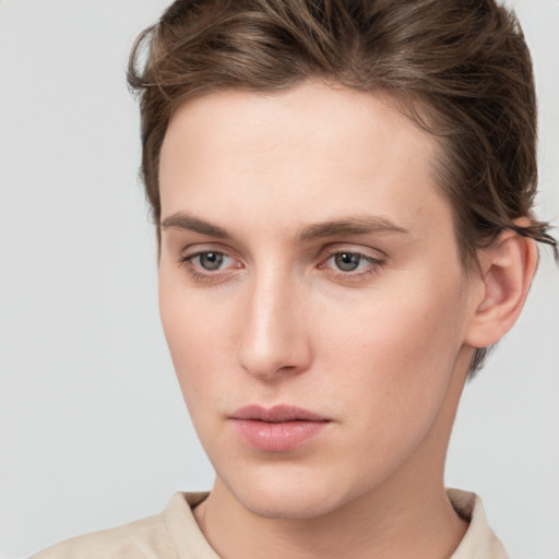 Neutral white young-adult female with short  brown hair and brown eyes