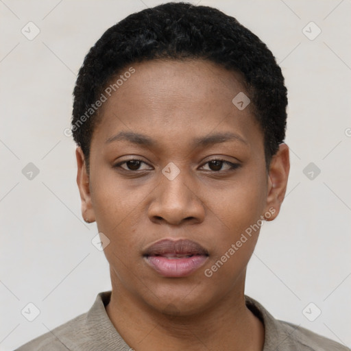 Neutral black young-adult female with short  black hair and brown eyes