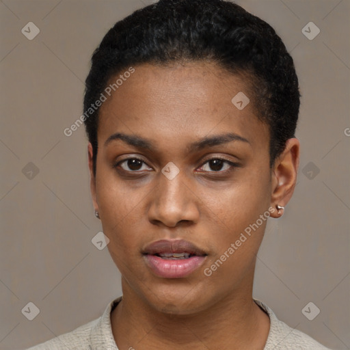 Neutral black young-adult female with short  black hair and brown eyes