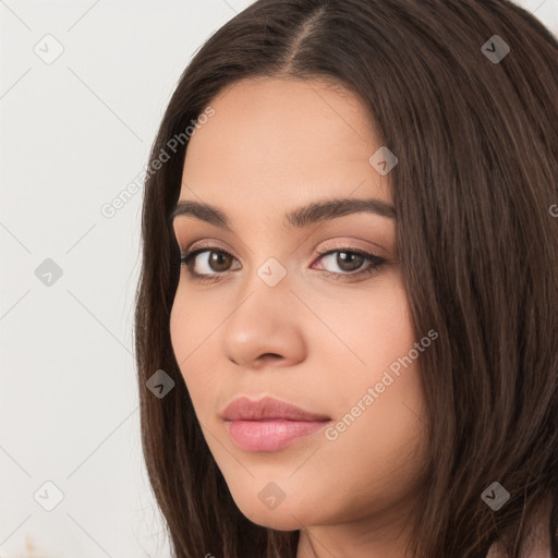 Neutral white young-adult female with long  brown hair and brown eyes