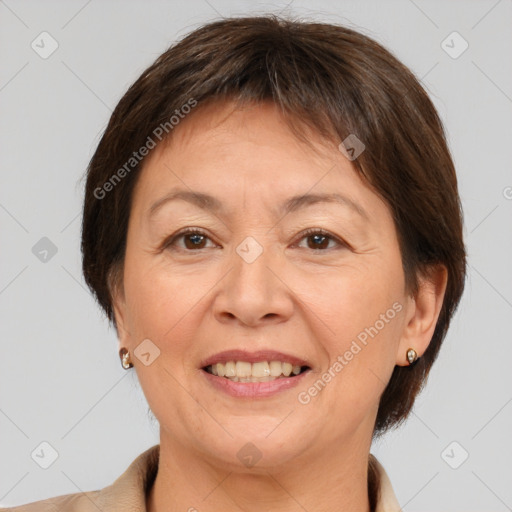 Joyful white adult female with short  brown hair and brown eyes