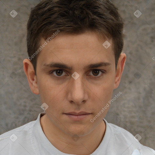 Neutral white young-adult male with short  brown hair and brown eyes