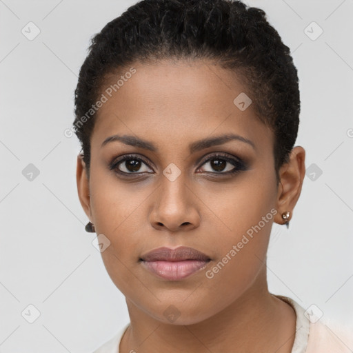 Neutral black young-adult female with short  brown hair and brown eyes