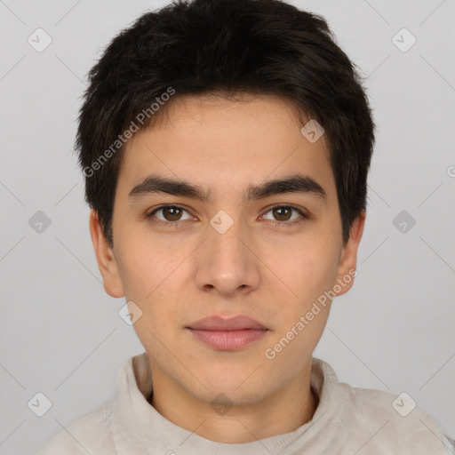 Neutral white young-adult male with short  brown hair and brown eyes