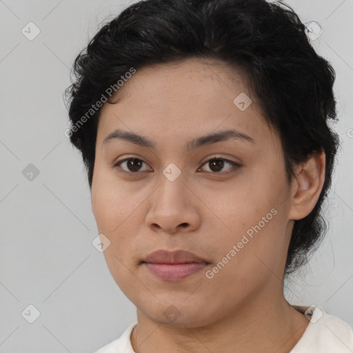 Neutral asian young-adult female with short  brown hair and brown eyes