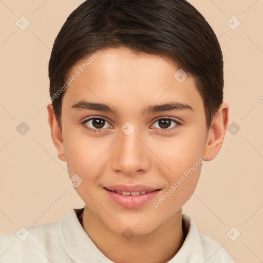 Joyful white child female with short  brown hair and brown eyes