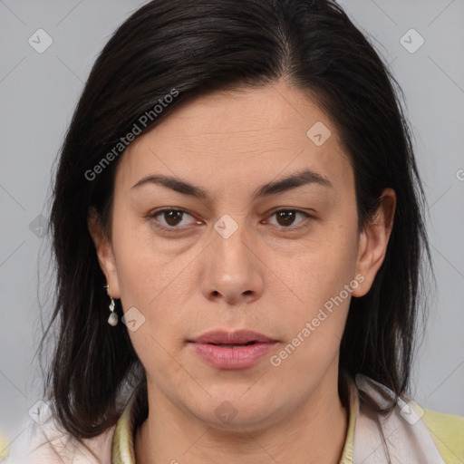 Neutral asian young-adult female with medium  brown hair and brown eyes