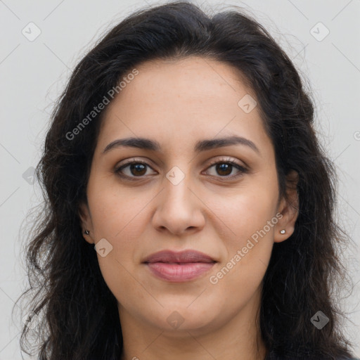 Joyful latino young-adult female with long  brown hair and brown eyes