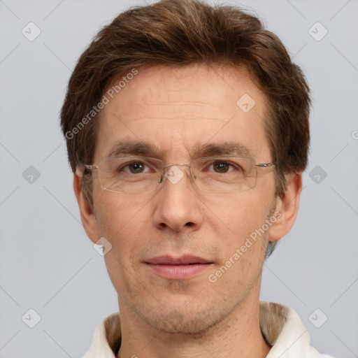 Joyful white adult male with short  brown hair and grey eyes