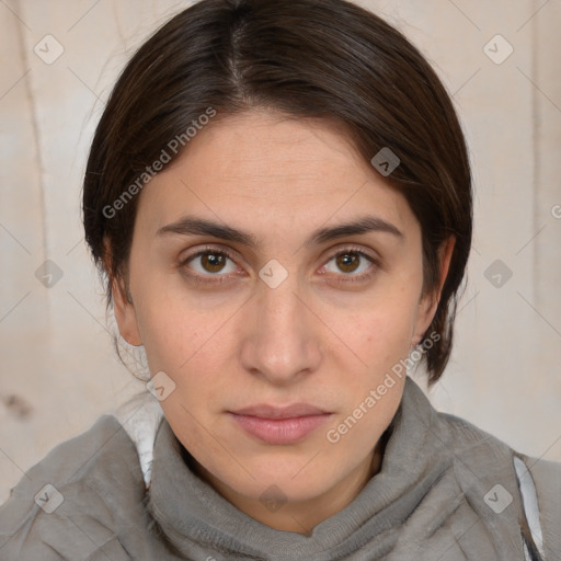 Neutral white young-adult female with medium  brown hair and brown eyes