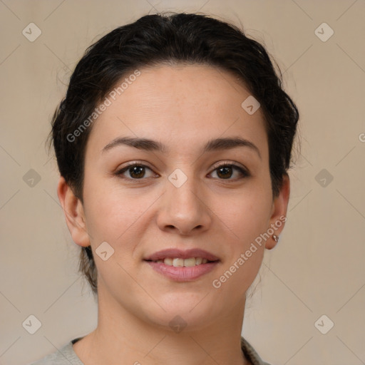 Joyful white young-adult female with medium  brown hair and brown eyes