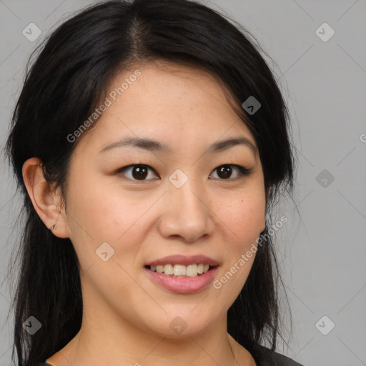 Joyful asian young-adult female with medium  brown hair and brown eyes