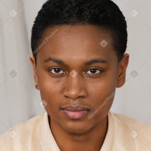 Neutral black young-adult female with short  black hair and brown eyes