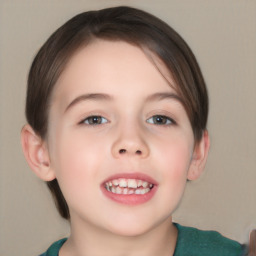 Joyful white child female with short  brown hair and brown eyes