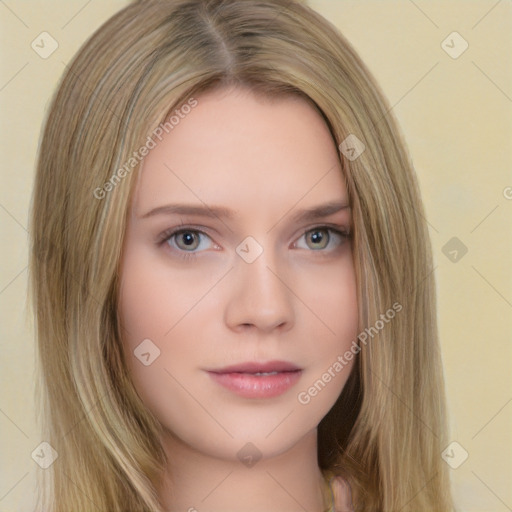 Neutral white young-adult female with long  brown hair and brown eyes