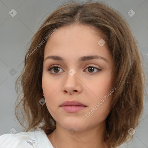 Neutral white young-adult female with medium  brown hair and brown eyes