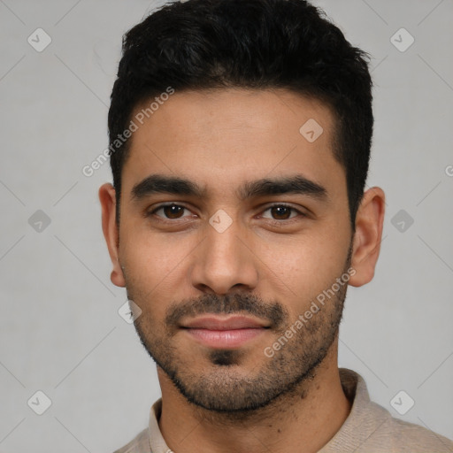 Neutral latino young-adult male with short  black hair and brown eyes