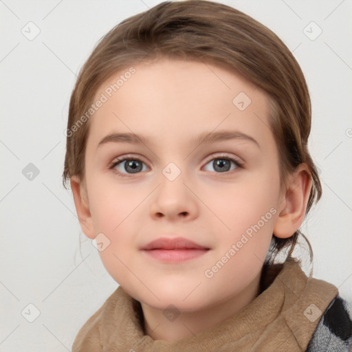 Neutral white child female with medium  brown hair and grey eyes