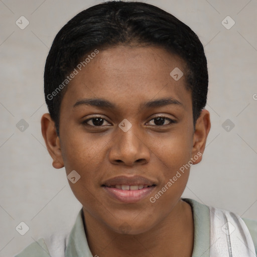 Joyful black young-adult female with short  black hair and brown eyes